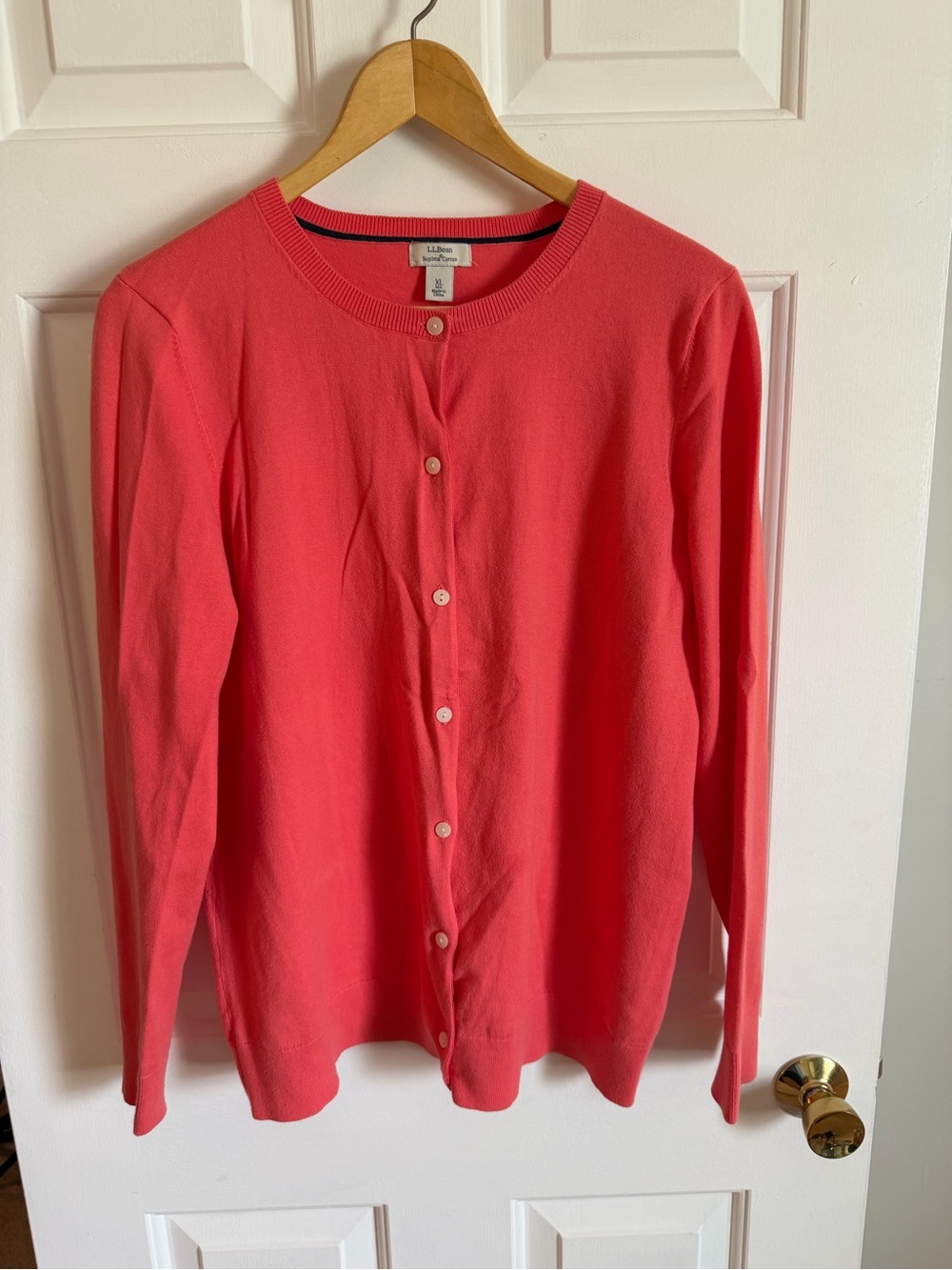 L.L. Bean Women's Coral Pink Button-Front Crewneck Cardigan